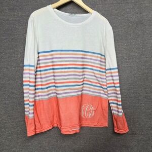 Jordann Womens XL Long Sleeve Striped Monogram Top Coral White Blue Purple